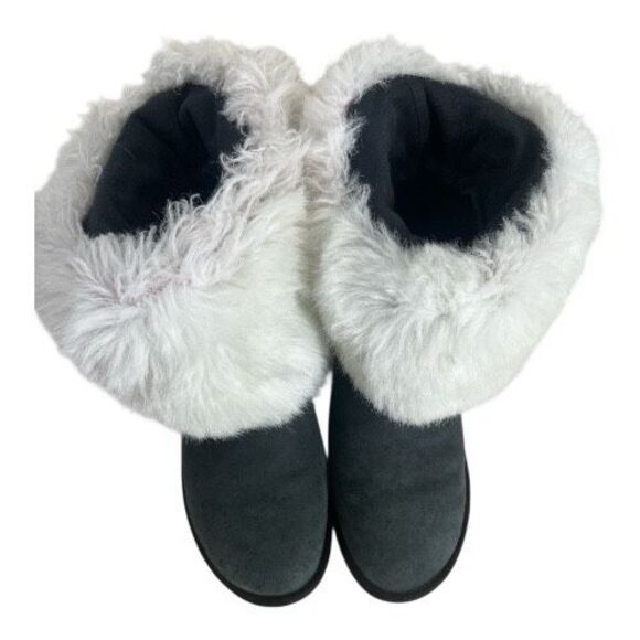 Ugg Classic Short 5800 Grey Leather Boots Size M9 Sheepskin Faux Fur Pull On Cuf - Picture 4 of 14